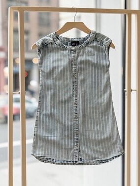 GAP Light Blue and White Striped Sleeveless Button-Front Dress
